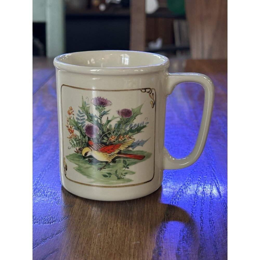 Vintage BIRD THISTLE FLOWERS COFFEE MUG CUP JAPAN CERAMIC OFF WHITE